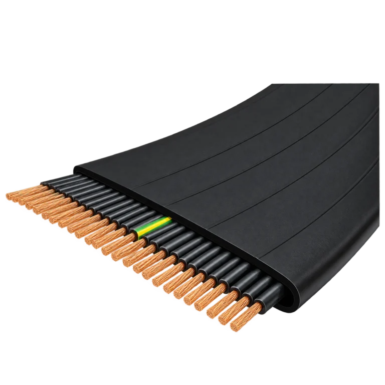 Câble électrique plat multiconducteur avec âme en cuivre et gaine noire, produit isolé sans débord