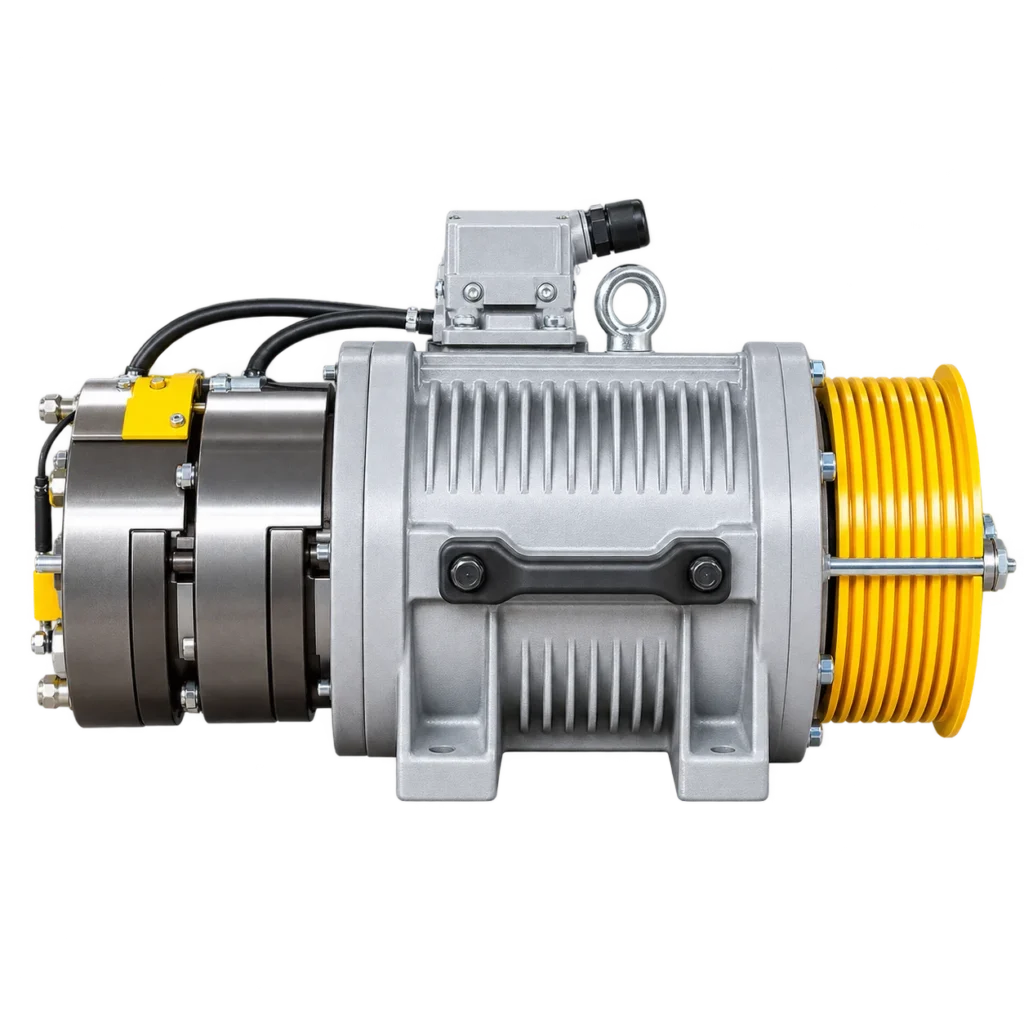 Machine de traction pour ascenseur APM, corps métallique et poulie jaune
