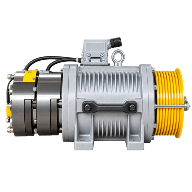 Machine de traction pour ascenseur APM, corps métallique et poulie jaune