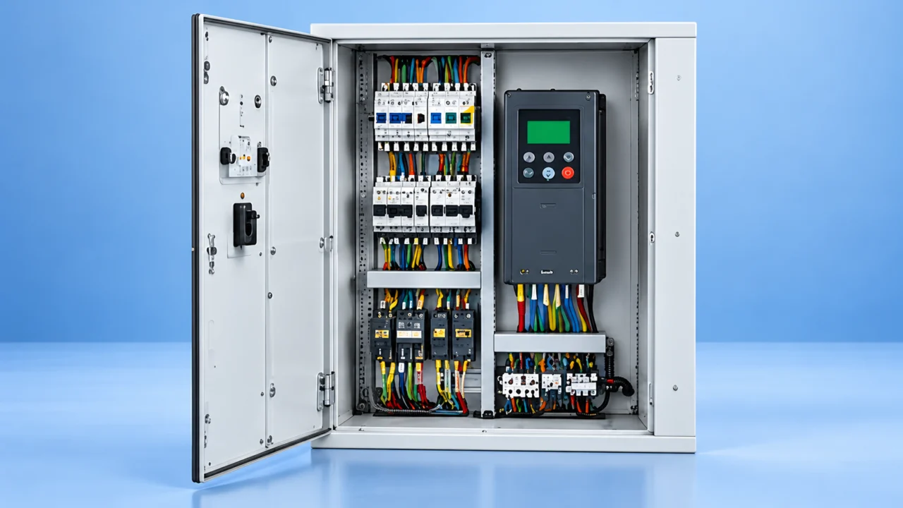 Rendu illustratif d'une armoire électrique de commande d'ascenseur ouverte