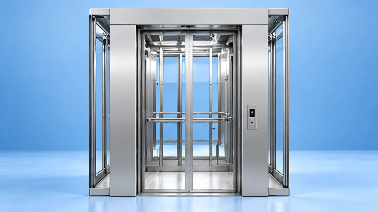 Rendu illustratif de portes vitrées d'ascenseur en structure métallique