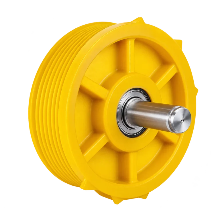 Poulie de traction jaune avec axe métallique pour ascenseur
