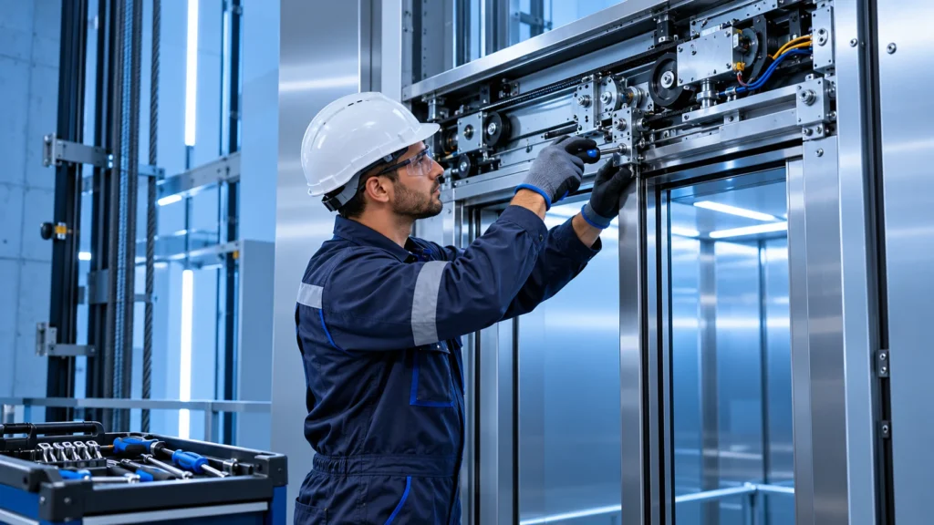 Scène illustrative d'un technicien intervenant sur une porte d'ascenseur